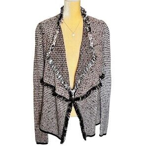 White House Black Market Double Fringe Sweater Jacket Sz M Cardigan Peach Black